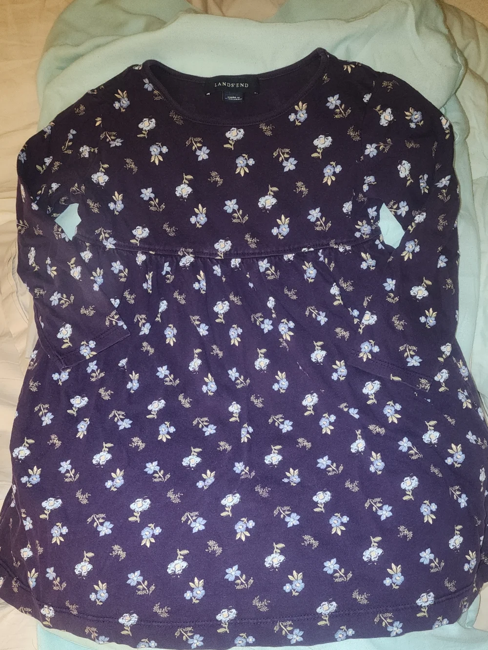 Sz 3T Lands' End Purple Floral Long-Sleeve Crewneck Babydoll Style Knit Dress